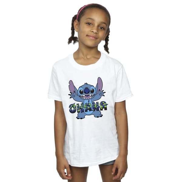 Disney Girls Lilo And Stitch Ohana Blue Glitch Cotton T-Shirt