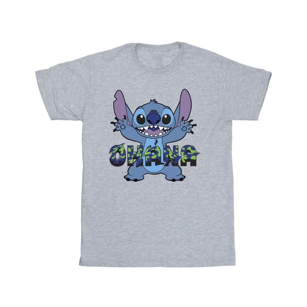 Disney Girls Lilo And Stitch Ohana Blue Glitch Cotton T-Shirt Sports Grey 7-8 Years