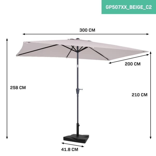 VONROC Premium Parasoll Rapallo 200x300 cm – Vinklingsbar, UV-skydd UPF 50+, Inkl. 20kg Parasollfot & Överdrag