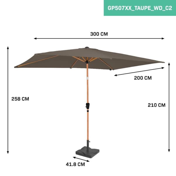 VONROC Premium Stangparasol Rapallo 200x300cm - inkl.  □ Betonfod og overtræk - rektanglær | Trælook | Taupe